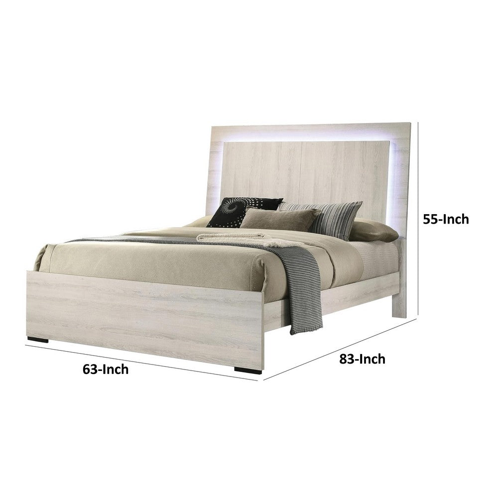 Hyao Queen Size Bed w LED on Headboard, Antique White Wash Finsih - BM342434
