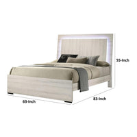 Hyao Queen Size Bed w LED on Headboard, Antique White Wash Finsih - BM342434