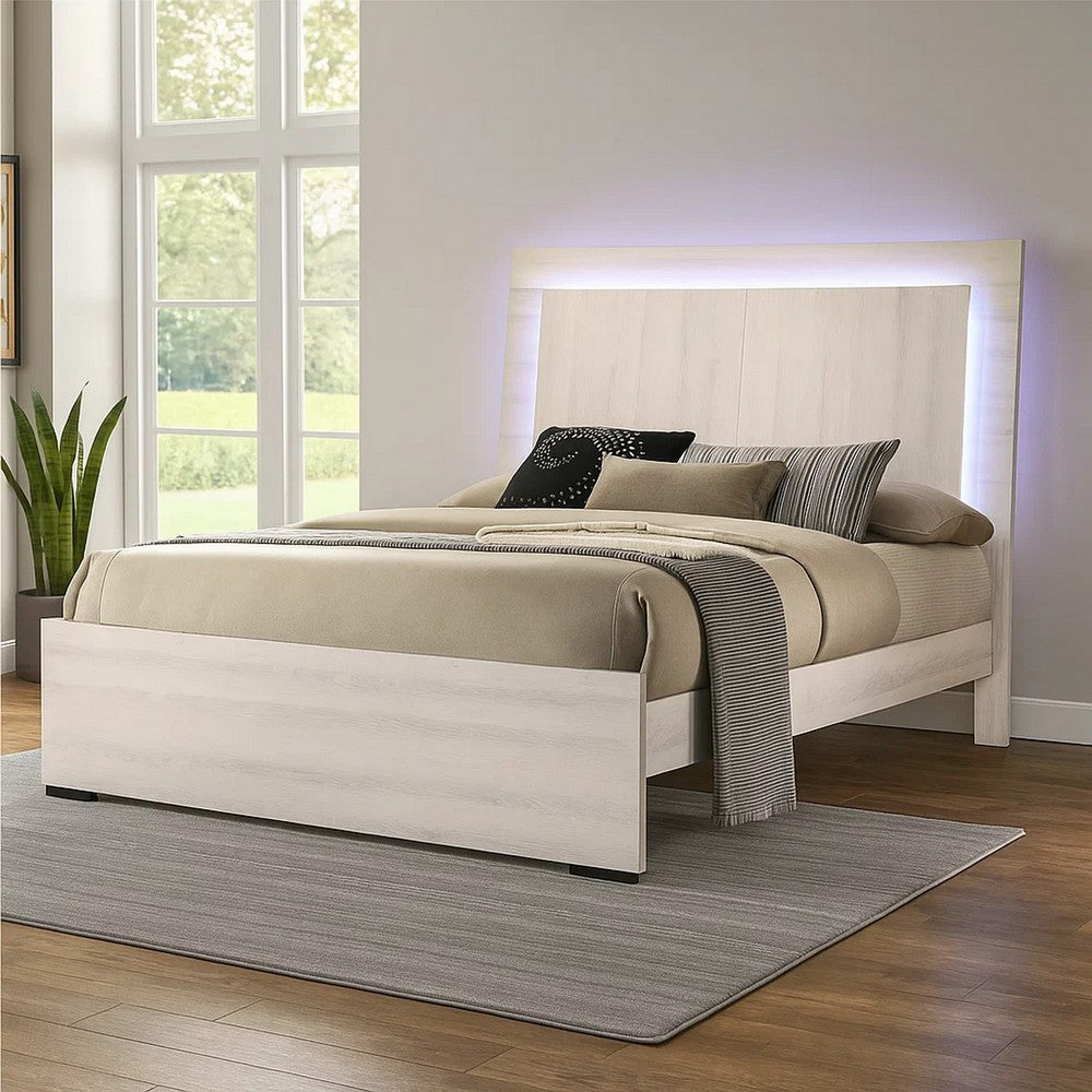 Hyao Queen Size Bed w LED on Headboard, Antique White Wash Finsih - BM342434