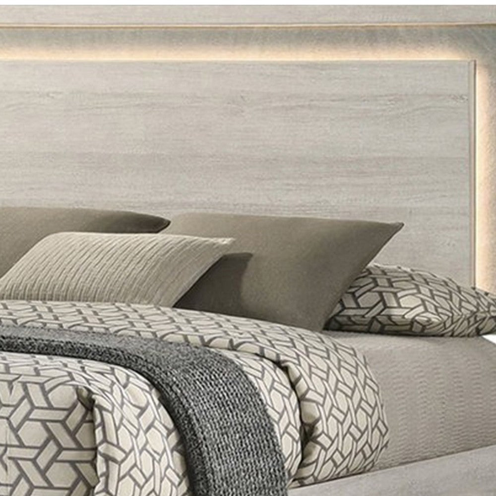 Nomi Queen Size Bed w LED on Headboard, Antique White Wash Finsih - BM342436