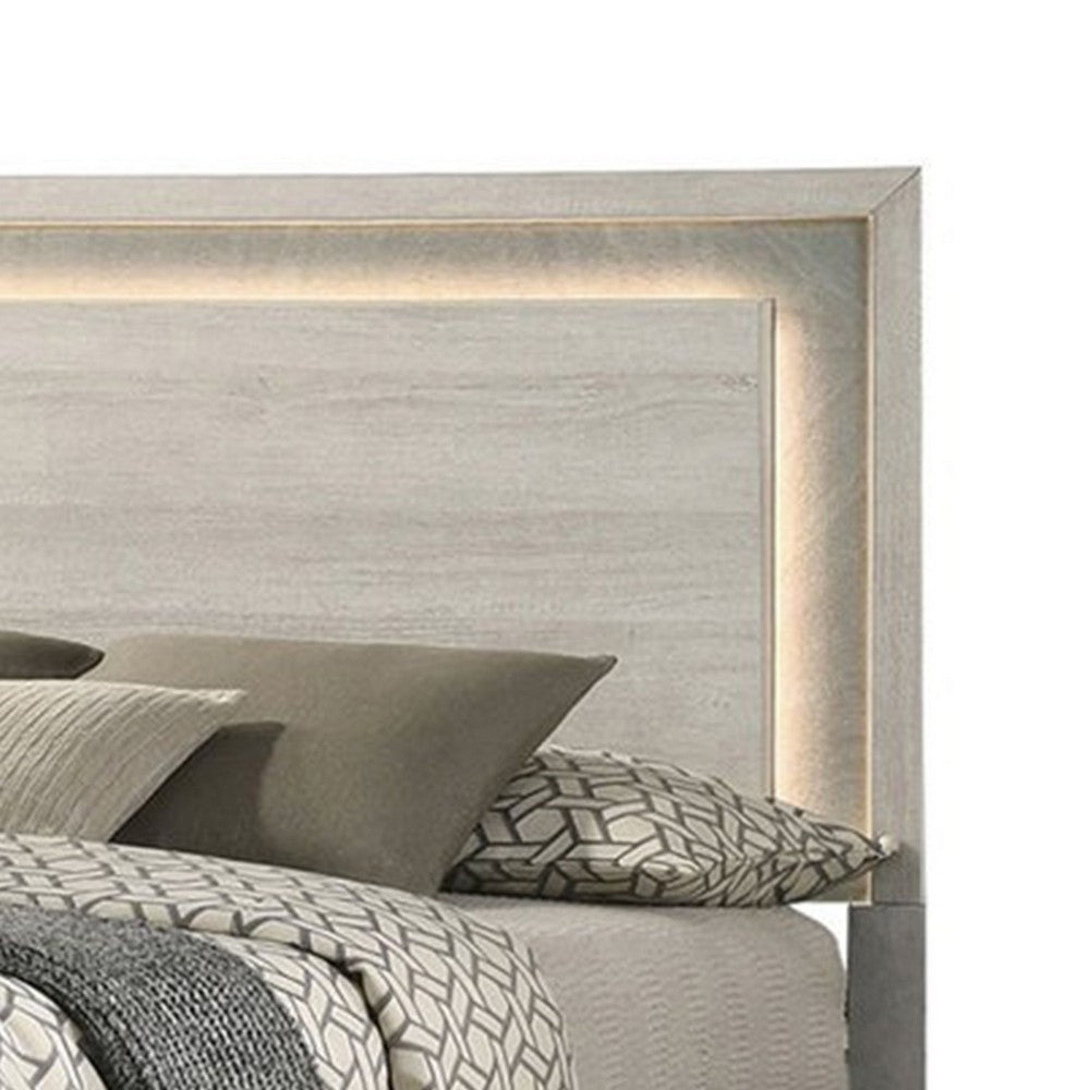 Nomi Queen Size Bed w LED on Headboard, Antique White Wash Finsih - BM342436