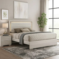 Nomi Queen Size Bed w LED on Headboard, Antique White Wash Finsih - BM342436