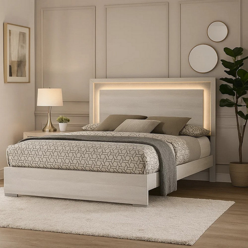 Nomi Queen Size Bed w LED on Headboard, Antique White Wash Finsih - BM342436