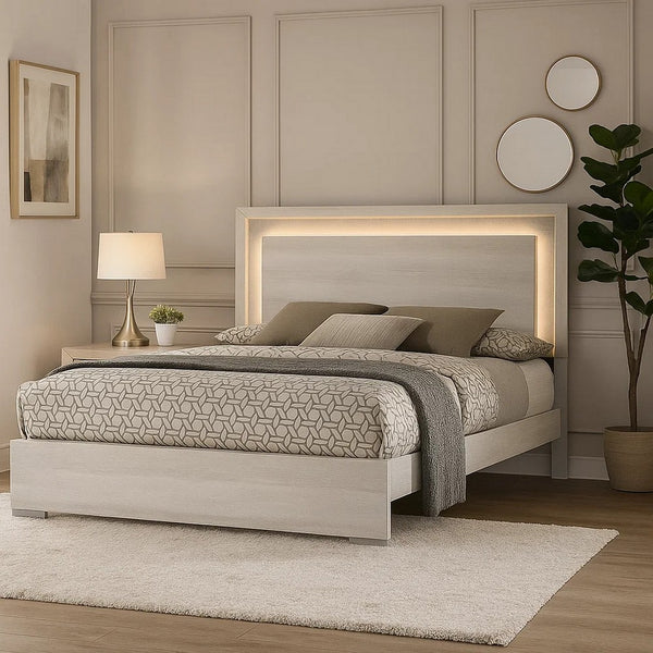 Nomi Queen Size Bed w LED on Headboard, Antique White Wash Finsih - BM342436