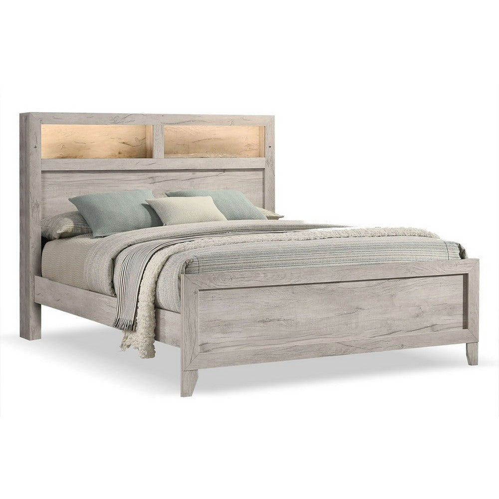 Miot Queen Size Bed w Headboard Shelves, Weathered White Wash Tone - BM342438