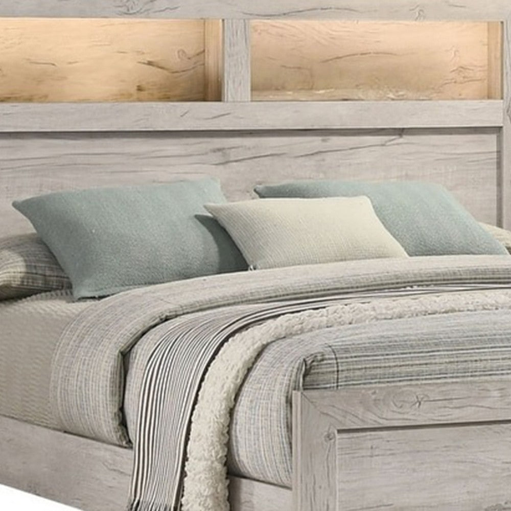 Miot Queen Size Bed w Headboard Shelves, Weathered White Wash Tone - BM342438