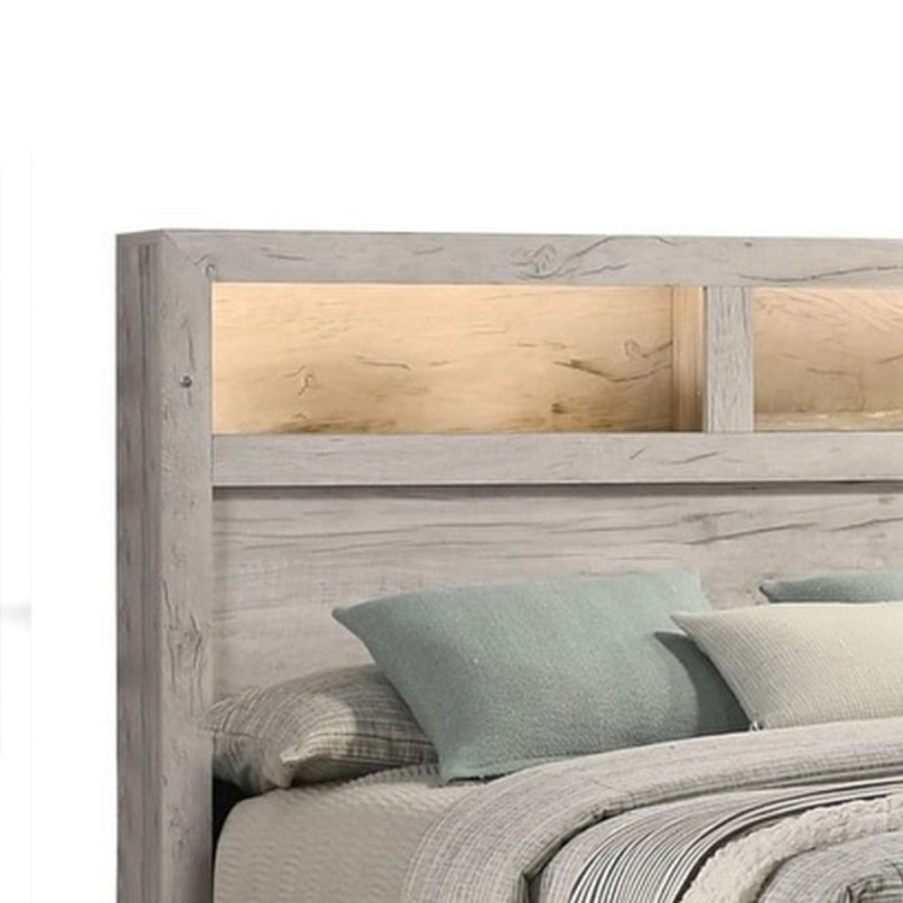 Miot Queen Size Bed w Headboard Shelves, Weathered White Wash Tone - BM342438