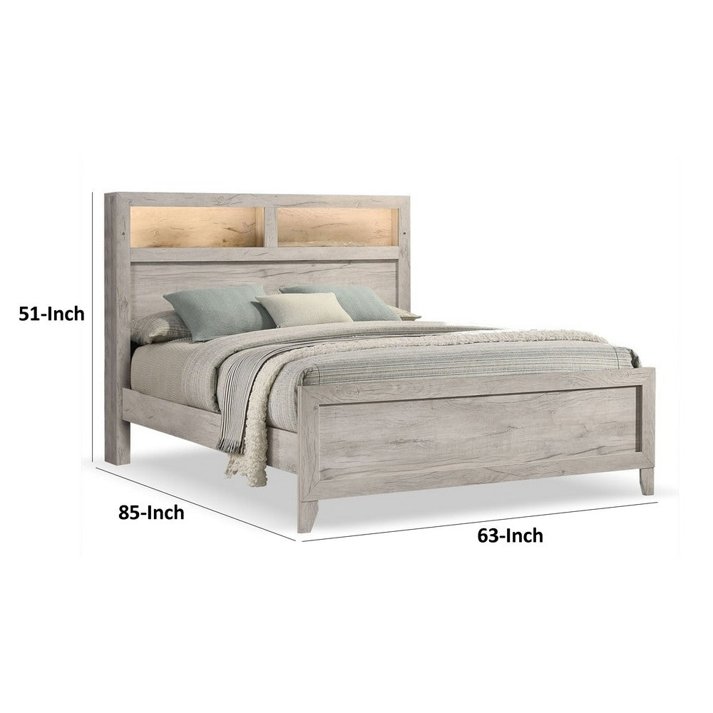 Miot Queen Size Bed w Headboard Shelves, Weathered White Wash Tone - BM342438