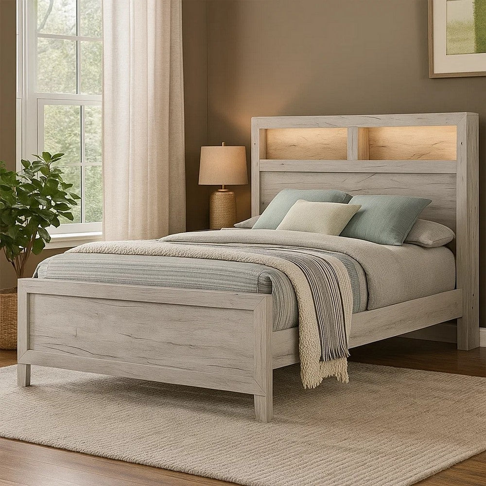 Miot Queen Size Bed w Headboard Shelves, Weathered White Wash Tone - BM342438