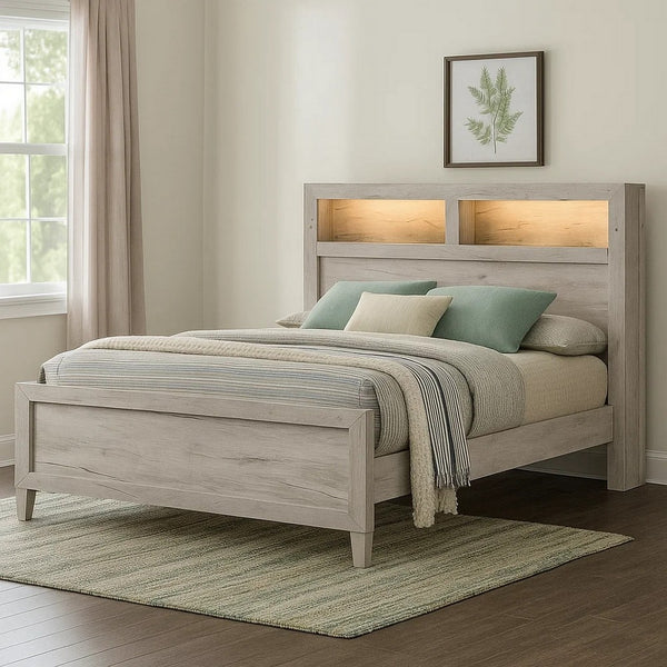 Miot Queen Size Bed w Headboard Shelves, Weathered White Wash Tone - BM342438