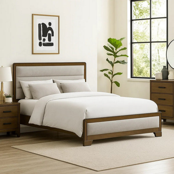 Cair Queen Bed, Channel Tufted Light Gray Fabric Upholstered, Brown - BM342439