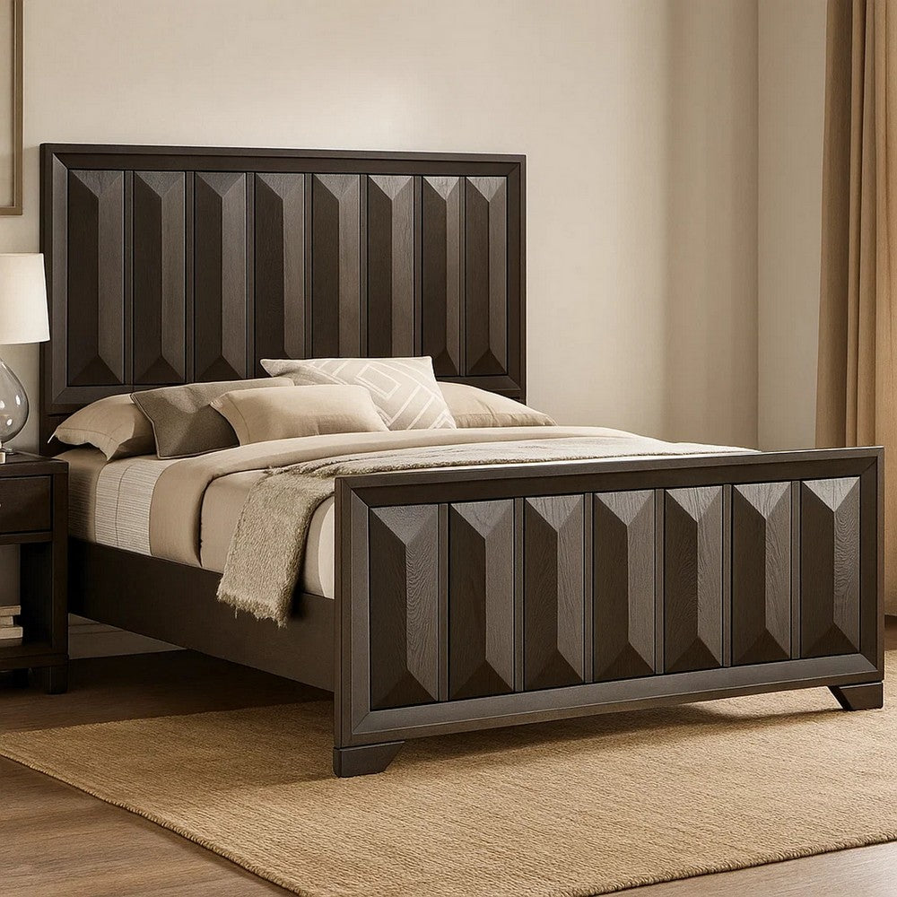 Fema Queen Bed, Vertical Facet Headboard and Footboard, Espresso Brown - BM342441