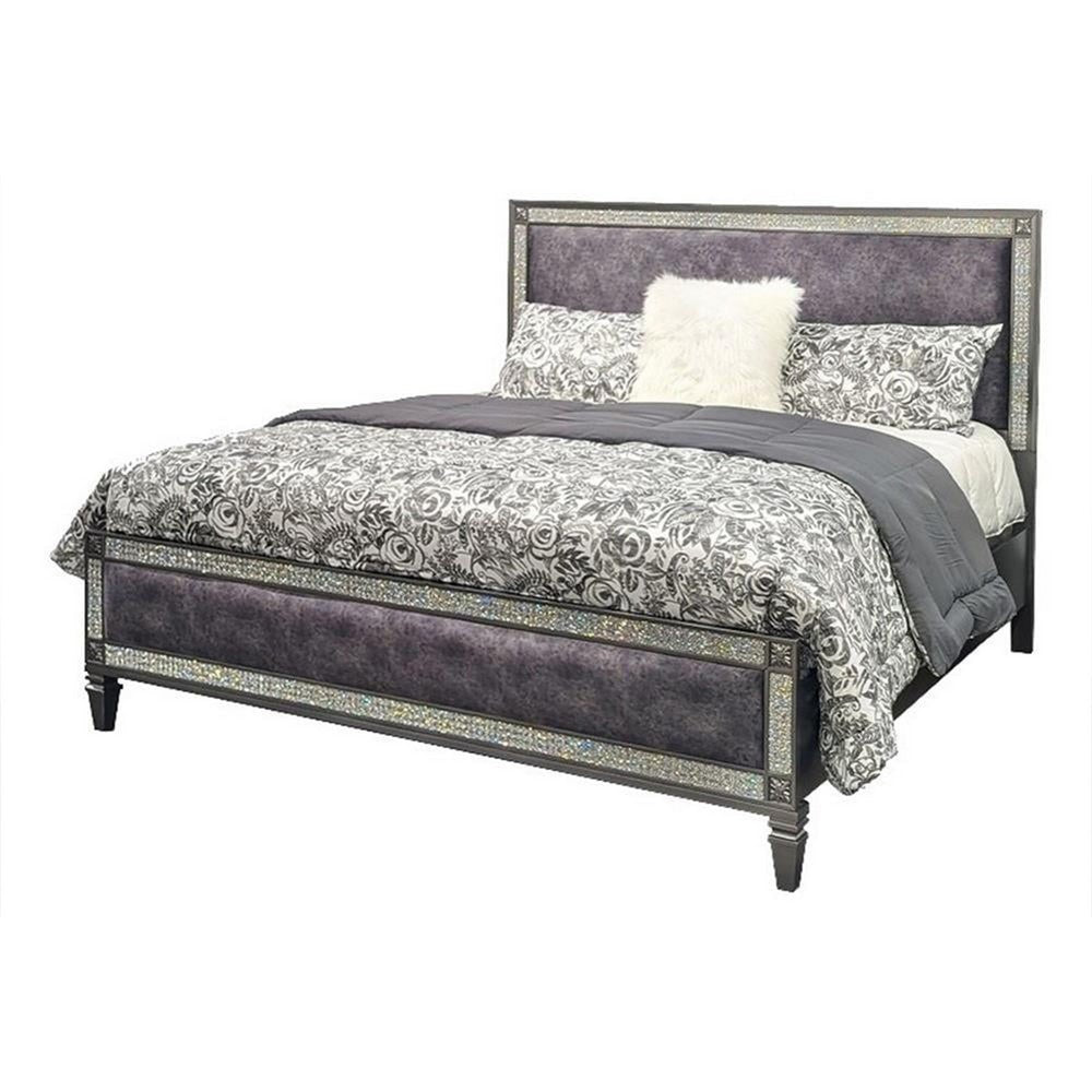 Laine Queen Bed, Glam Crystal Acrylic Trim, Gray Fabric Upholstered - BM342443