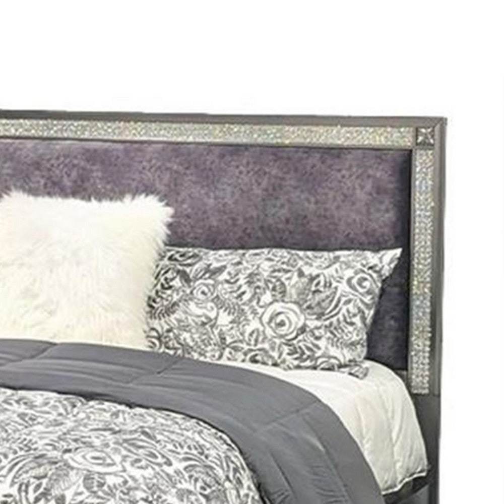 Laine Queen Bed, Glam Crystal Acrylic Trim, Gray Fabric Upholstered - BM342443