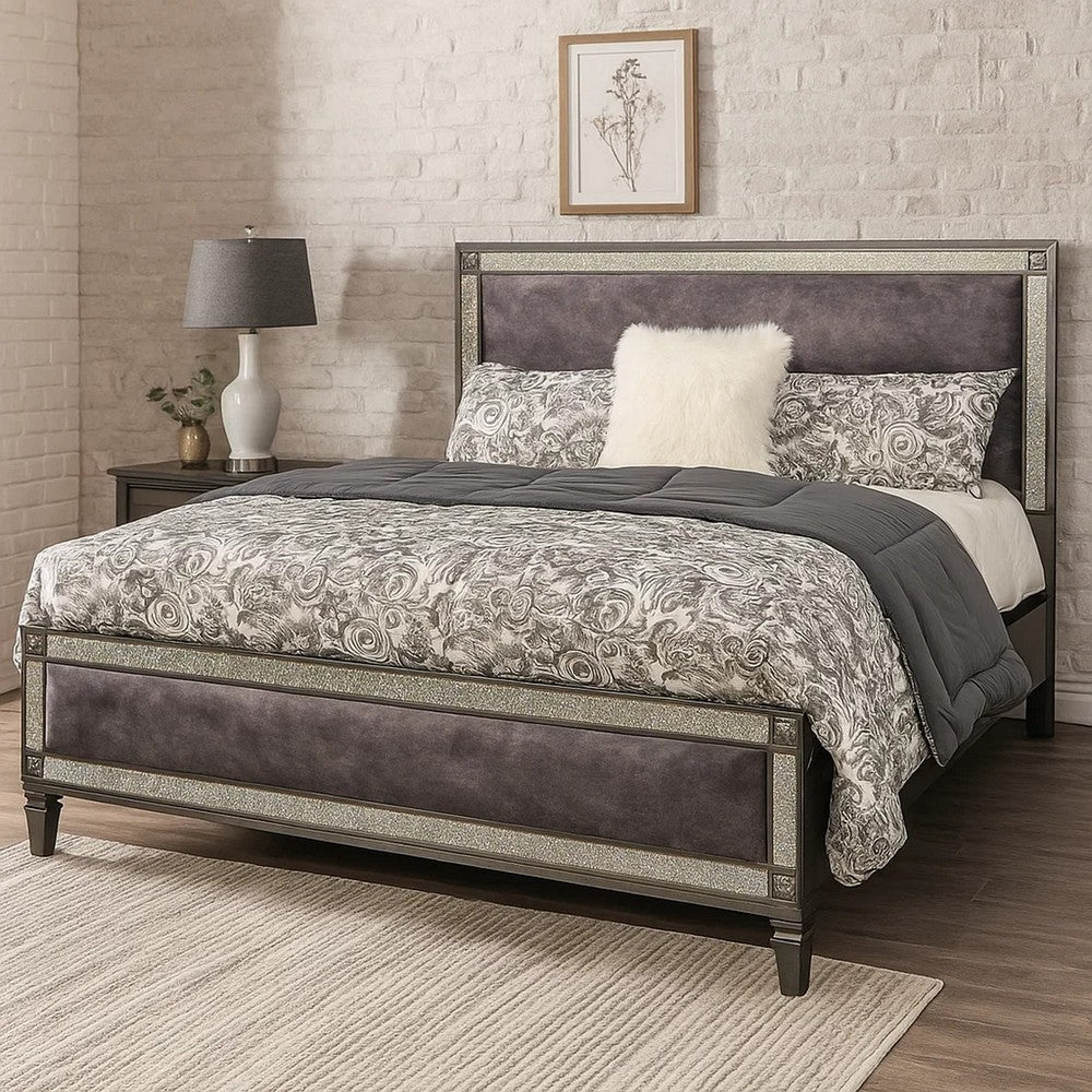 Laine Queen Bed, Glam Crystal Acrylic Trim, Gray Fabric Upholstered - BM342443