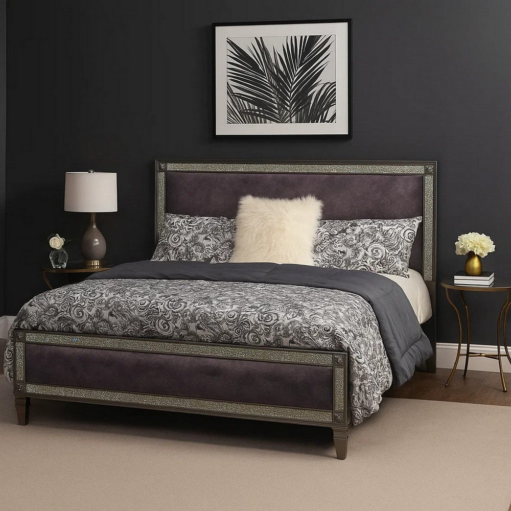Laine Queen Bed, Glam Crystal Acrylic Trim, Gray Fabric Upholstered - BM342443