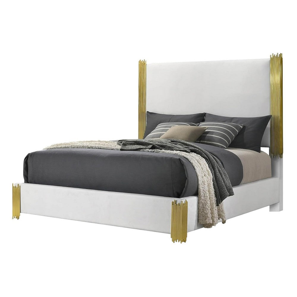 Dyl Queen Bed, Soft Foam Upholstered, White Fabric, Gold Accent Posts - BM342444
