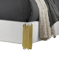 Dyl Queen Bed, Soft Foam Upholstered, White Fabric, Gold Accent Posts - BM342444