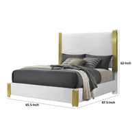 Dyl Queen Bed, Soft Foam Upholstered, White Fabric, Gold Accent Posts - BM342444