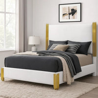 Dyl Queen Bed, Soft Foam Upholstered, White Fabric, Gold Accent Posts - BM342444