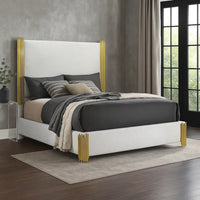 Dyl Queen Bed, Soft Foam Upholstered, White Fabric, Gold Accent Posts - BM342444