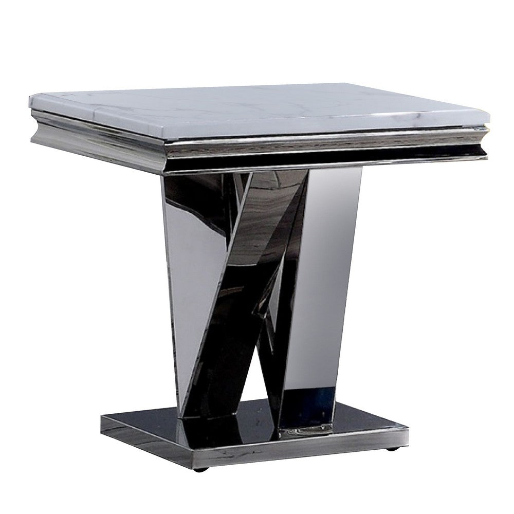 Vily Side End Table, 24 Inch Faux Marble Top, V-Style Chrome Pedestal - BM342452