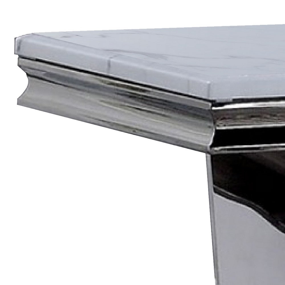 Vily Side End Table, 24 Inch Faux Marble Top, V-Style Chrome Pedestal - BM342452