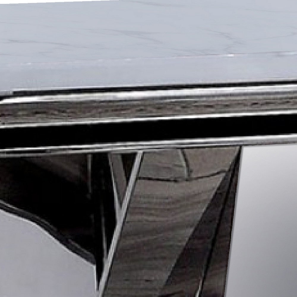 Vily Side End Table, 24 Inch Faux Marble Top, V-Style Chrome Pedestal - BM342452