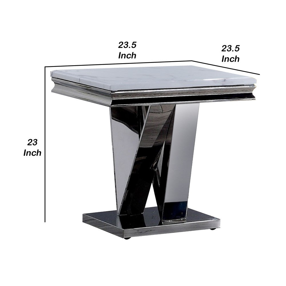 Vily Side End Table, 24 Inch Faux Marble Top, V-Style Chrome Pedestal - BM342452