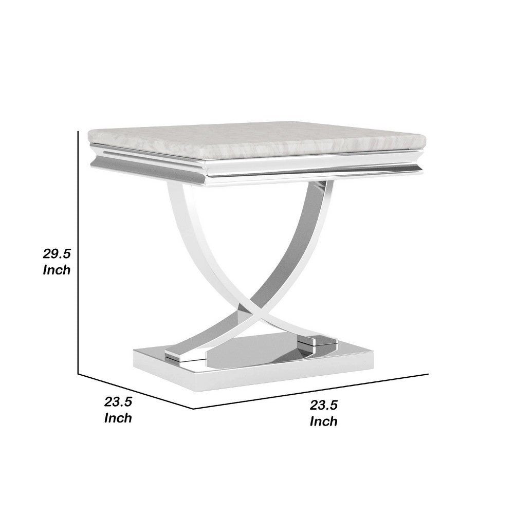 Wety Side End Table, 24 Inch Faux Marble Top, Curved Chrome Pedestal - BM342453