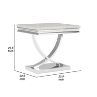 Wety Side End Table, 24 Inch Faux Marble Top, Curved Chrome Pedestal - BM342453