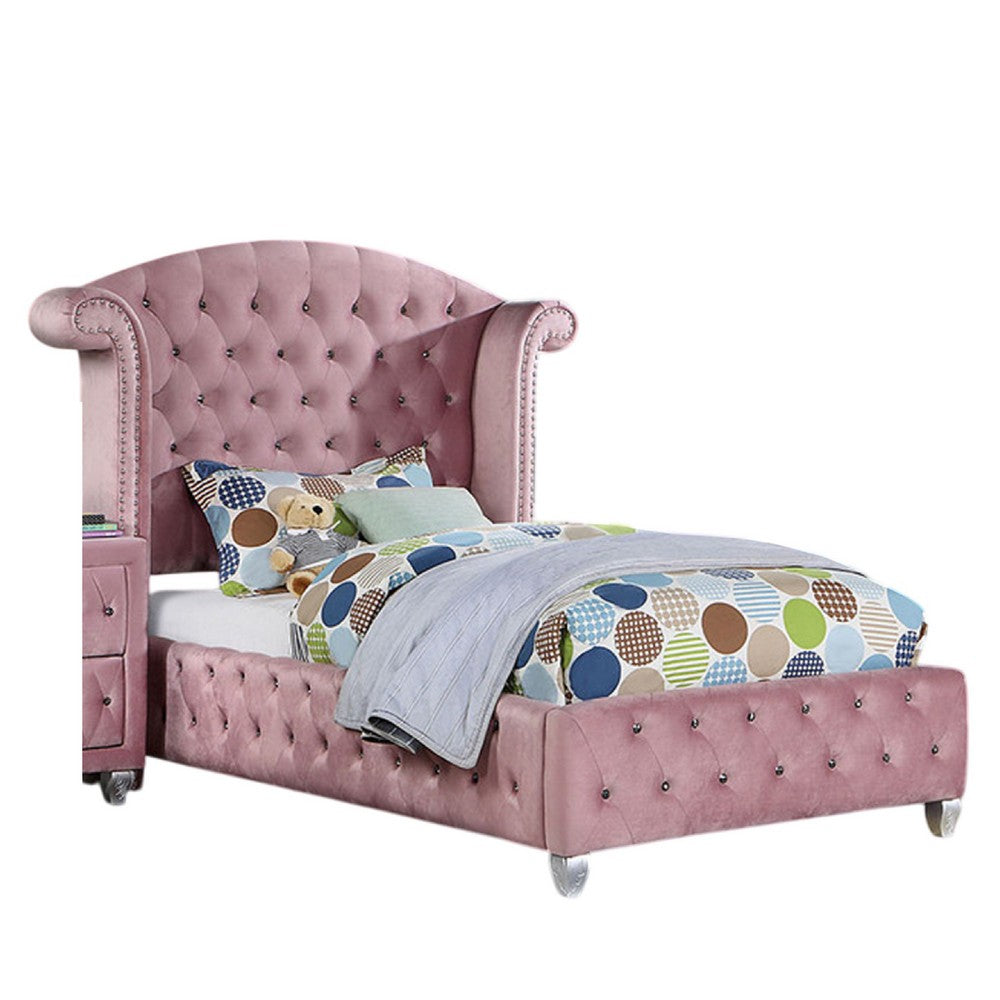 Zoha Twin Size Bed w Wingback Tufted Headboard, Cabriole Legs, Pink - BM342455