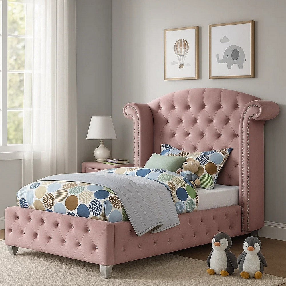Zoha Twin Size Bed w Wingback Tufted Headboard, Cabriole Legs, Pink - BM342455