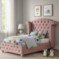 Zoha Twin Size Bed w Wingback Tufted Headboard, Cabriole Legs, Pink - BM342455
