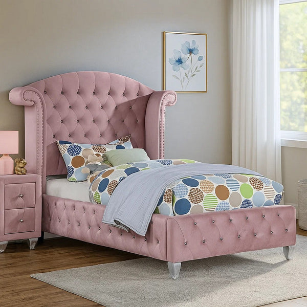 Zoha Twin Size Bed w Wingback Tufted Headboard, Cabriole Legs, Pink - BM342455