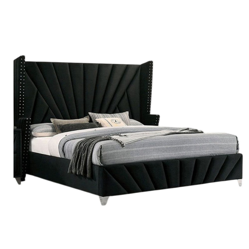 Ino Queen Size Bed w Wingback Headboard, Black Fabric Upholstery - BM342457