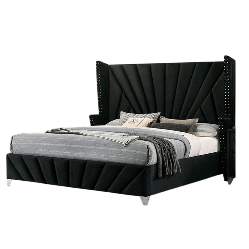 Ino Queen Size Bed w Wingback Headboard, Black Fabric Upholstery - BM342457