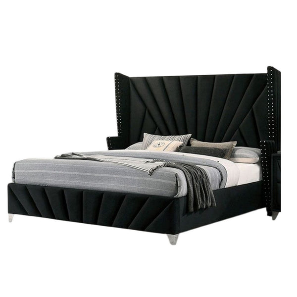 Ino Queen Size Bed w Wingback Headboard, Black Fabric Upholstery - BM342457