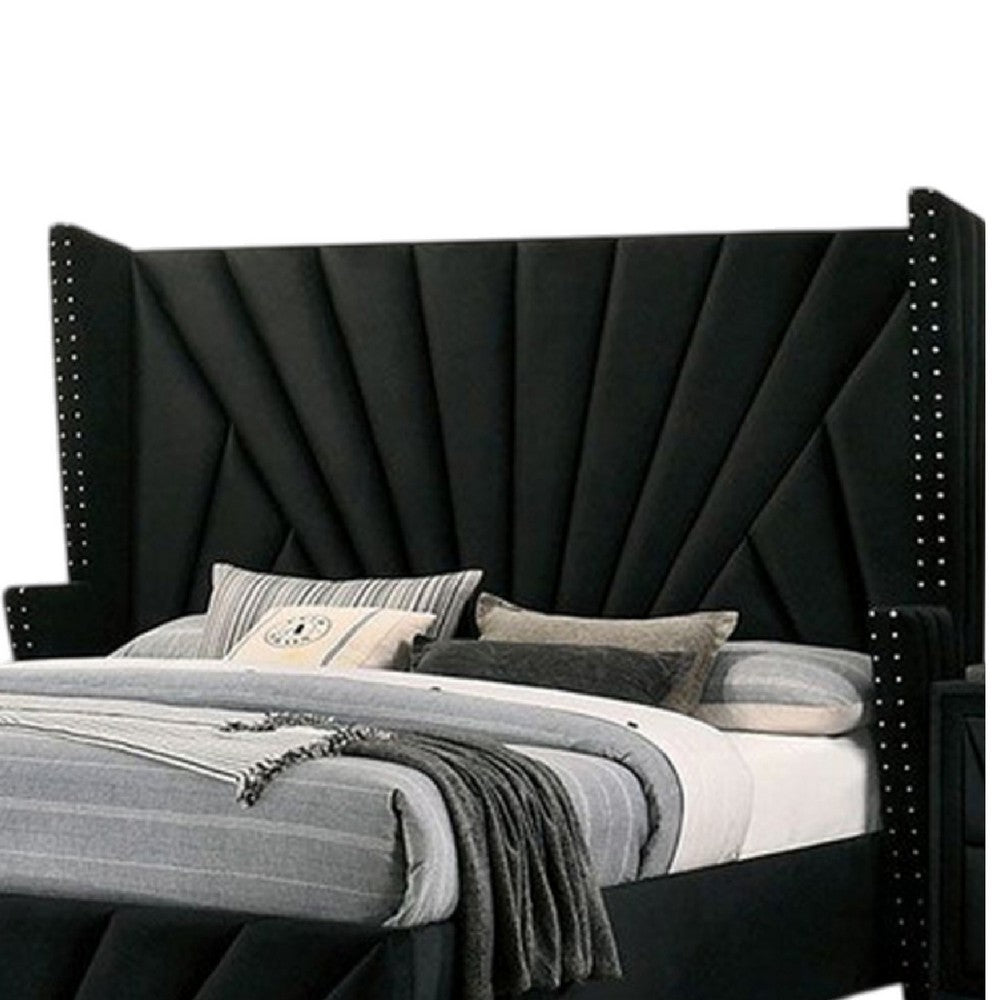 Ino Queen Size Bed w Wingback Headboard, Black Fabric Upholstery - BM342457
