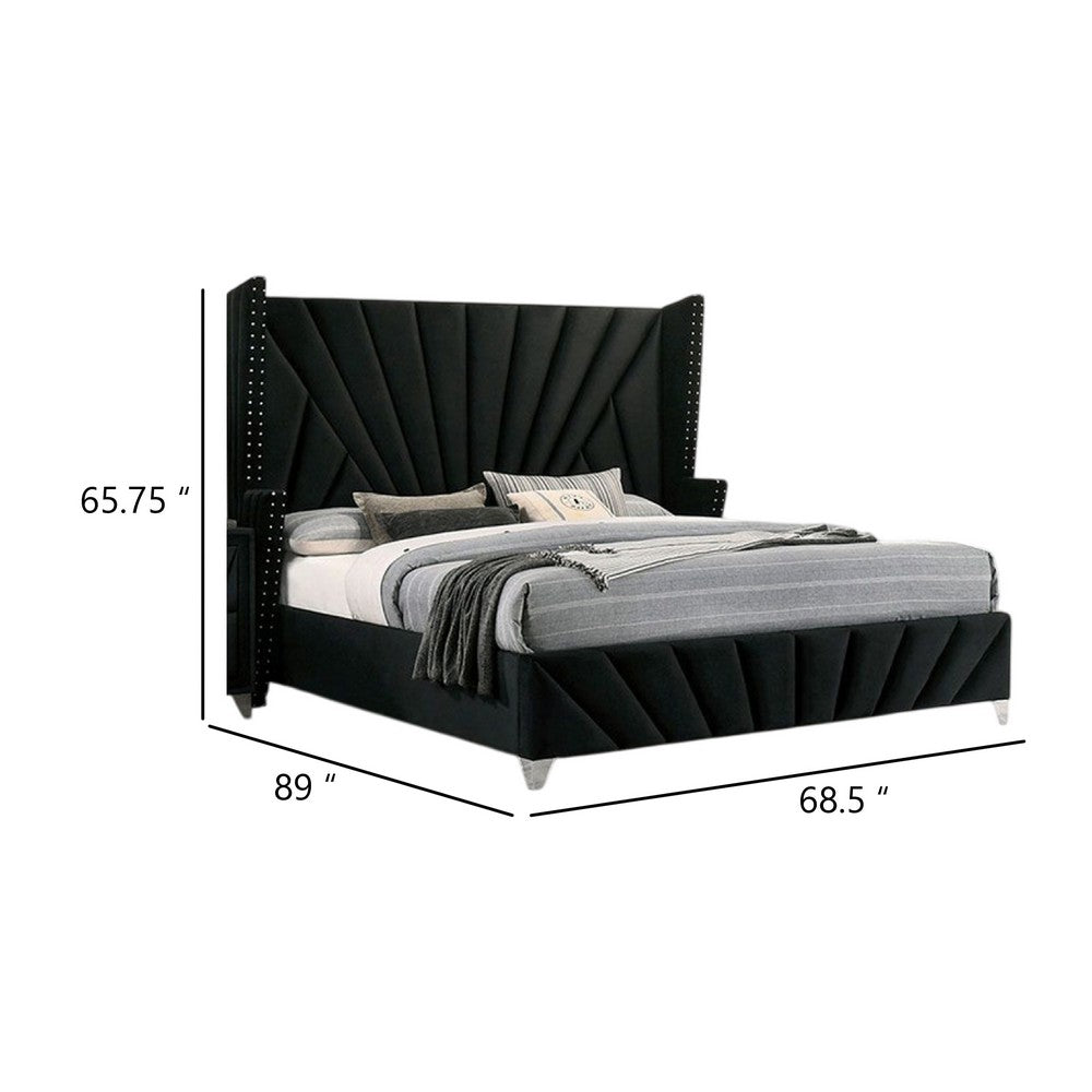 Ino Queen Size Bed w Wingback Headboard, Black Fabric Upholstery - BM342457
