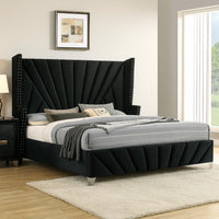 Ino Queen Size Bed w Wingback Headboard, Black Fabric Upholstery - BM342457