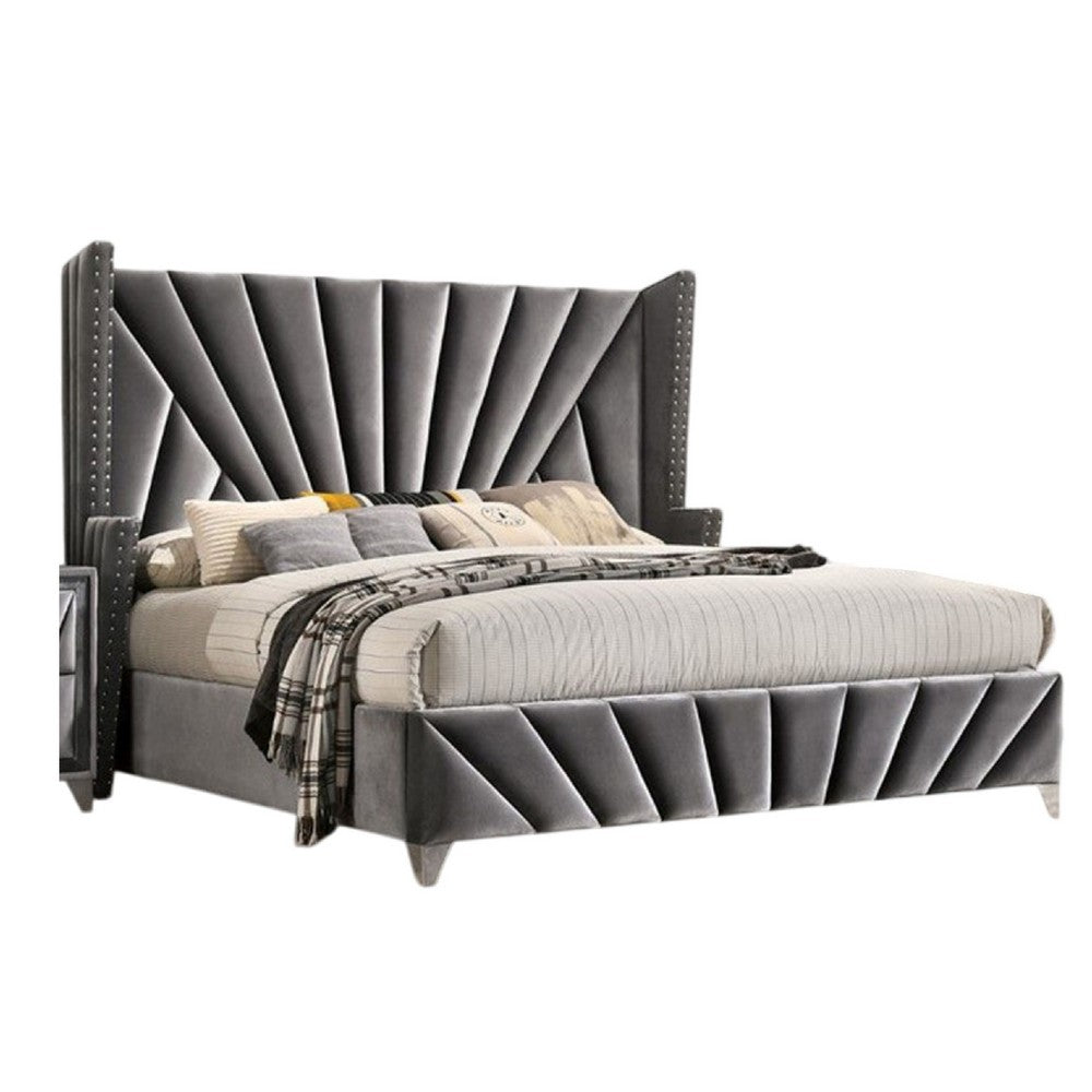Ino Queen Size Bed w Wingback Headboard, Gray Fabric Upholstery - BM342458