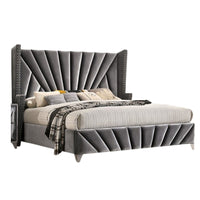 Ino Queen Size Bed w Wingback Headboard, Gray Fabric Upholstery - BM342458