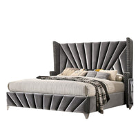 Ino Queen Size Bed w Wingback Headboard, Gray Fabric Upholstery - BM342458