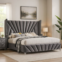 Ino Queen Size Bed w Wingback Headboard, Gray Fabric Upholstery - BM342458