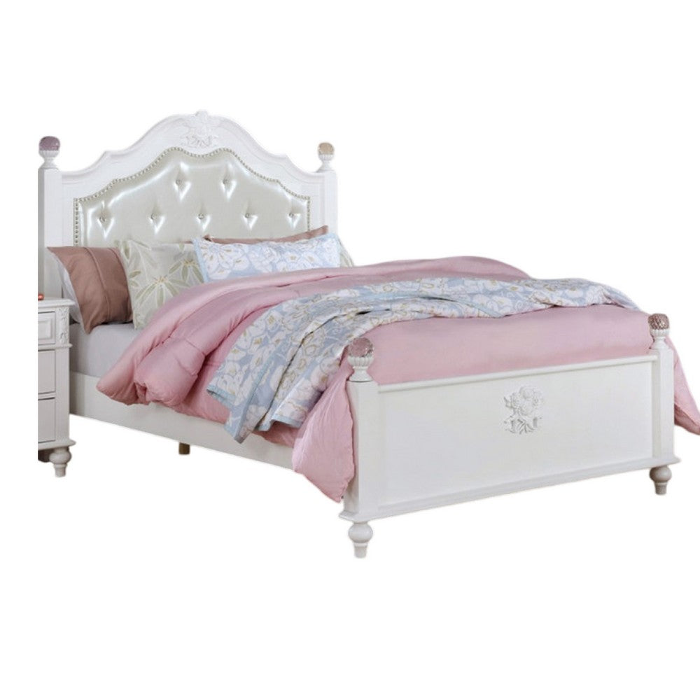 Bela Twin Size Bed w Button Tufted Headboard, White Faux Leather - BM342460