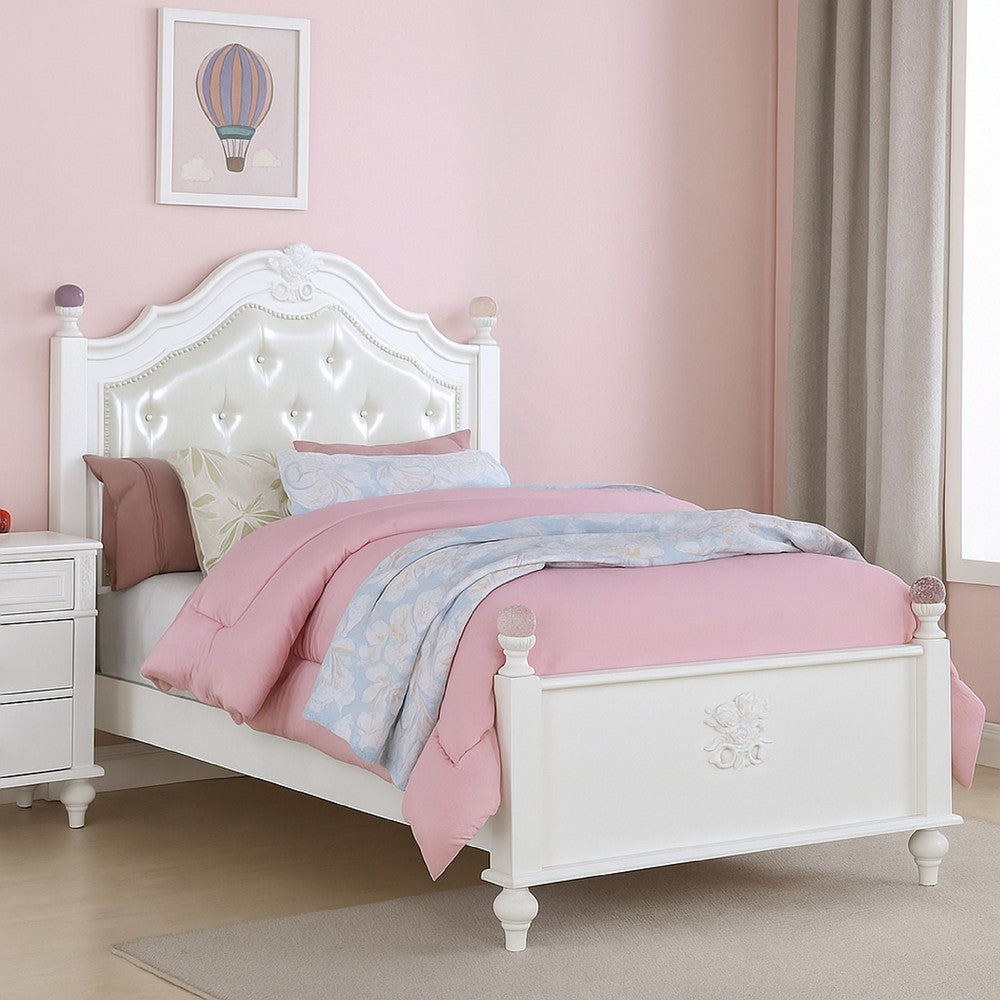 Bela Twin Size Bed w Button Tufted Headboard, White Faux Leather - BM342460