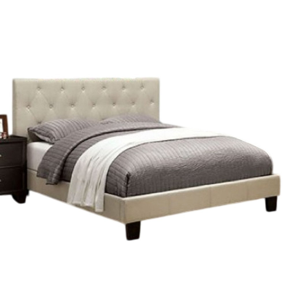 Rely Twin Size Bed w Button Tufted Headboard, Ivory Linen Upholstery - BM342462