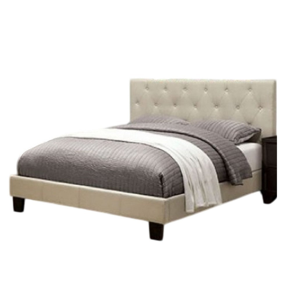 Rely Twin Size Bed w Button Tufted Headboard, Ivory Linen Upholstery - BM342462