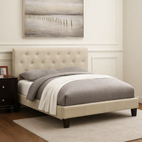 Rely Twin Size Bed w Button Tufted Headboard, Ivory Linen Upholstery - BM342462